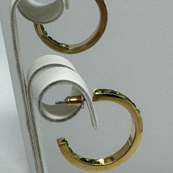 Shades of Green Crystals In/Out Gold Hoop Earrings Made w/ Swarovski Crystals - Picture 7 of 10